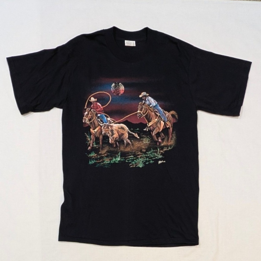 Vintage Hazelwood Premo Large Mens Single Stitch Cowboy Graphic T-Shirt USA Made